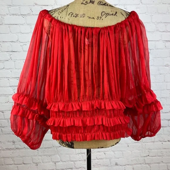Ciel Semi Sheer Red Ruffle Balloon Sleeve Top - Picture 2 of 3